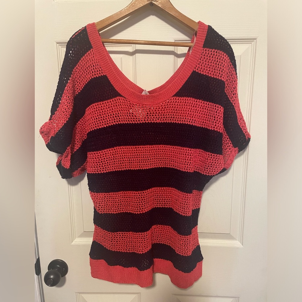 Open Knit Striped Short Sleeve Sweater, Women’s L, NWT